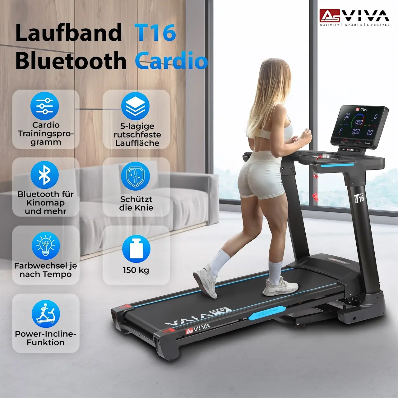 AsVIVA T16 Smart Run – Bluetooth cardio treadmill at a glance