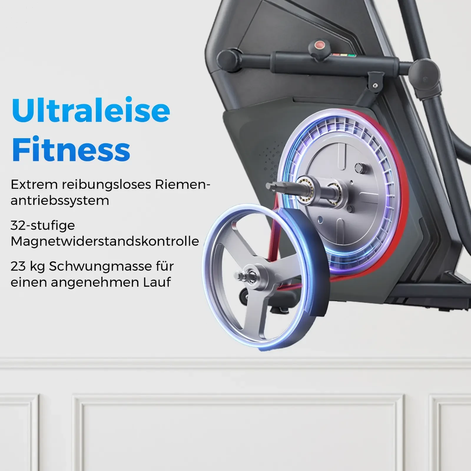 Ultra-quiet belt drive with 23 kg flywheel mass