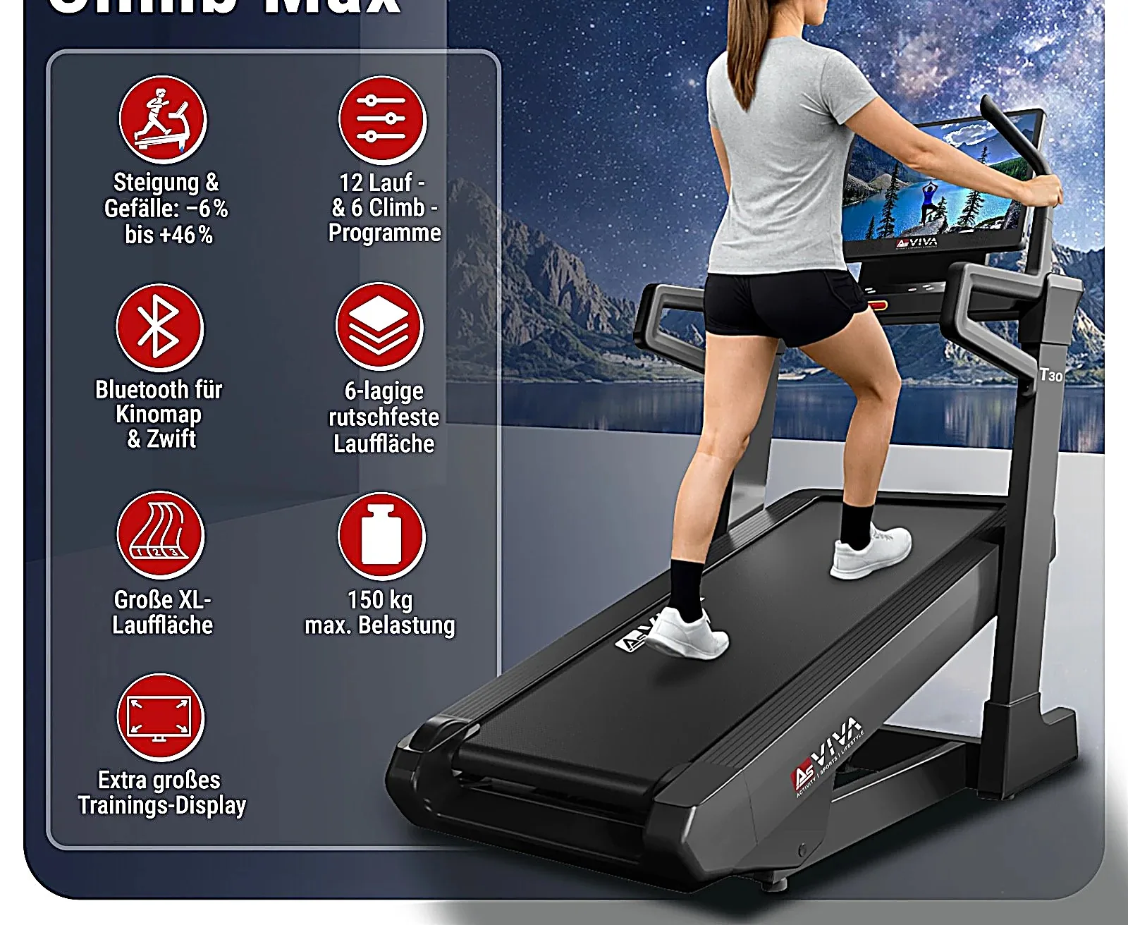 AsVIVA T30 treadmill with touch display and incline – features at a glance