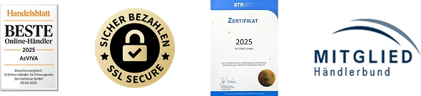 Awards: Handelsblatt Best Online Retailer 2025, SSL-secured payment, ETR certificate 2025, member of Händlerbund