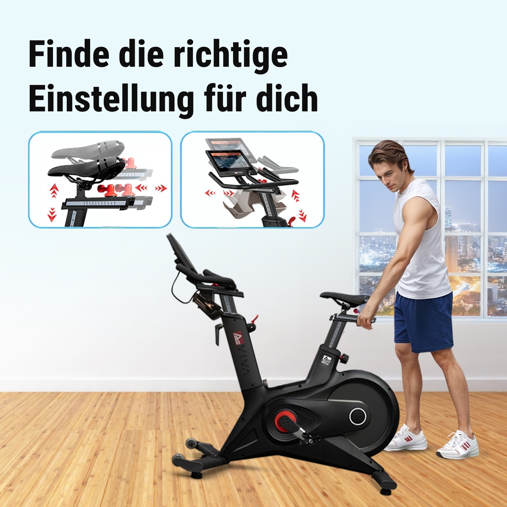 Multi-adjustable seat and handlebars of the AsVIVA Speedbike Studio Pro S17
