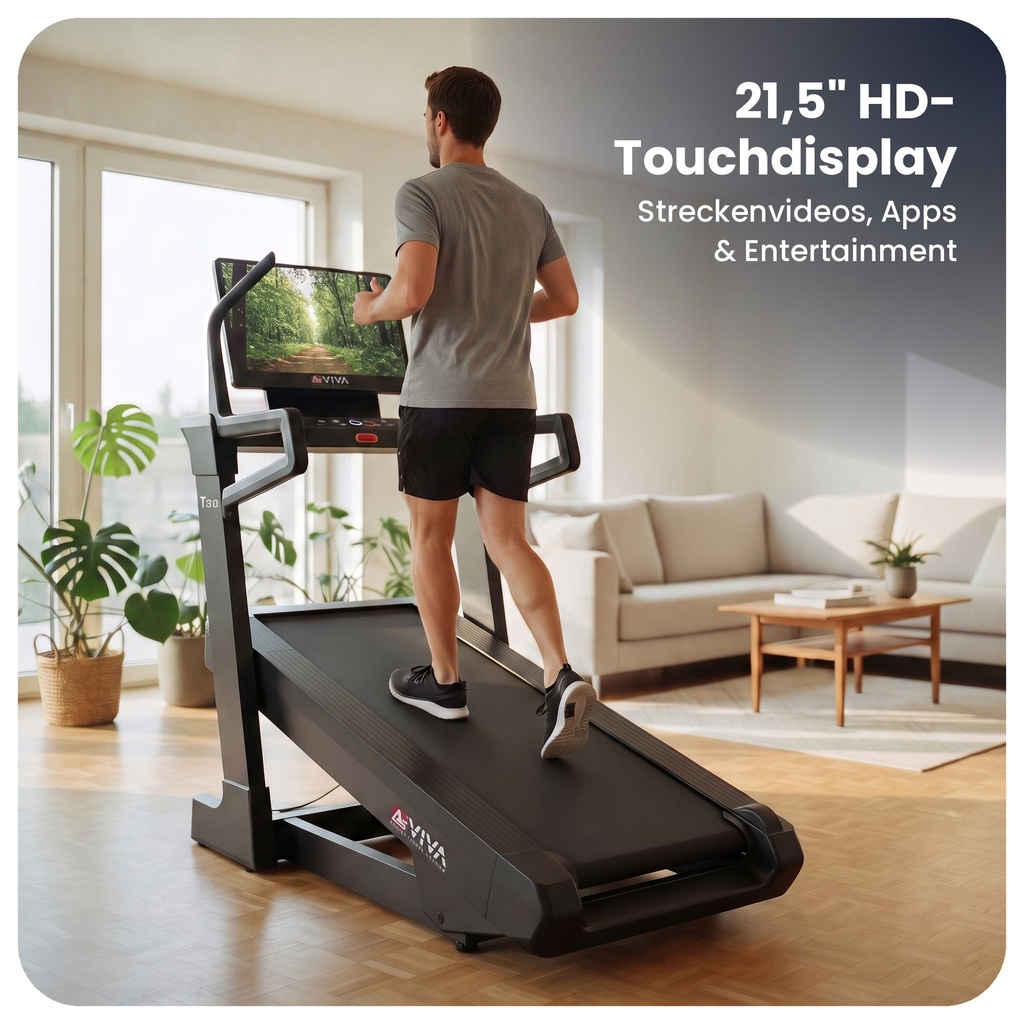 Large 21.5-inch touch display of the AsVIVA T30 Pro Max Climb Marathon treadmill to control your workout