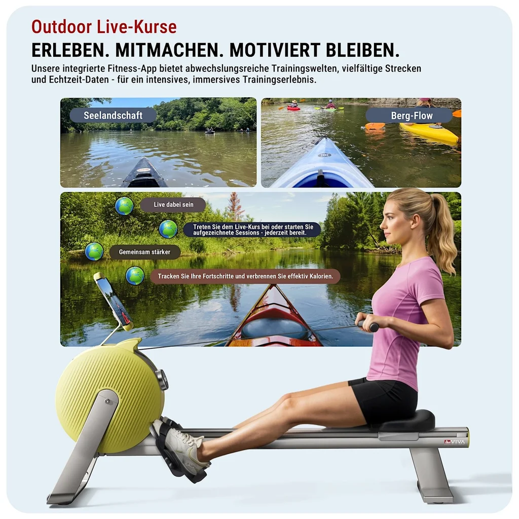 Interactive live classes on the AsVIVA RA20 rowing machine for guided workouts on screen