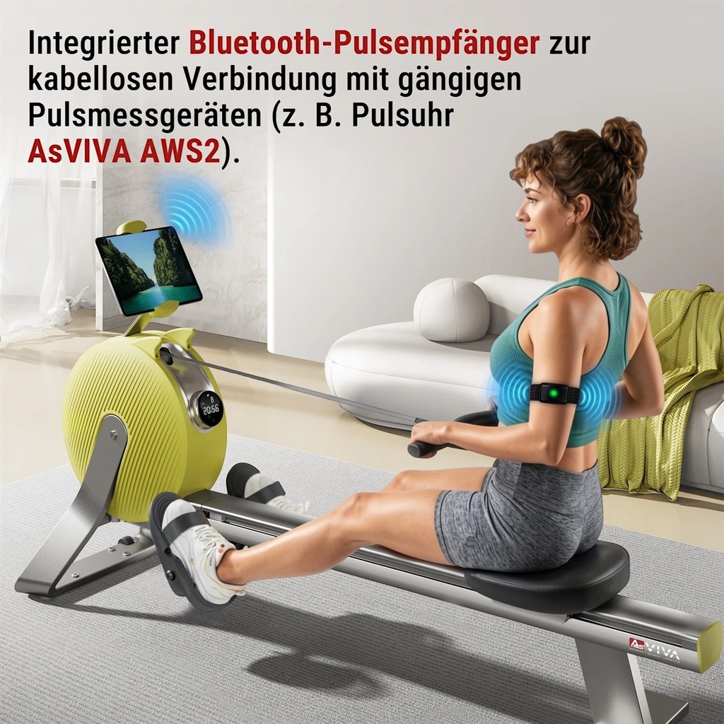 AsVIVA RA20 rowing machine with integrated Bluetooth pulse receiver for heart rate monitoring during workouts