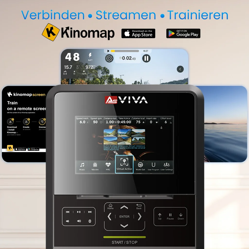 Screen of the AsVIVA ergometer H25 Studio Pro for streaming apps and workout content