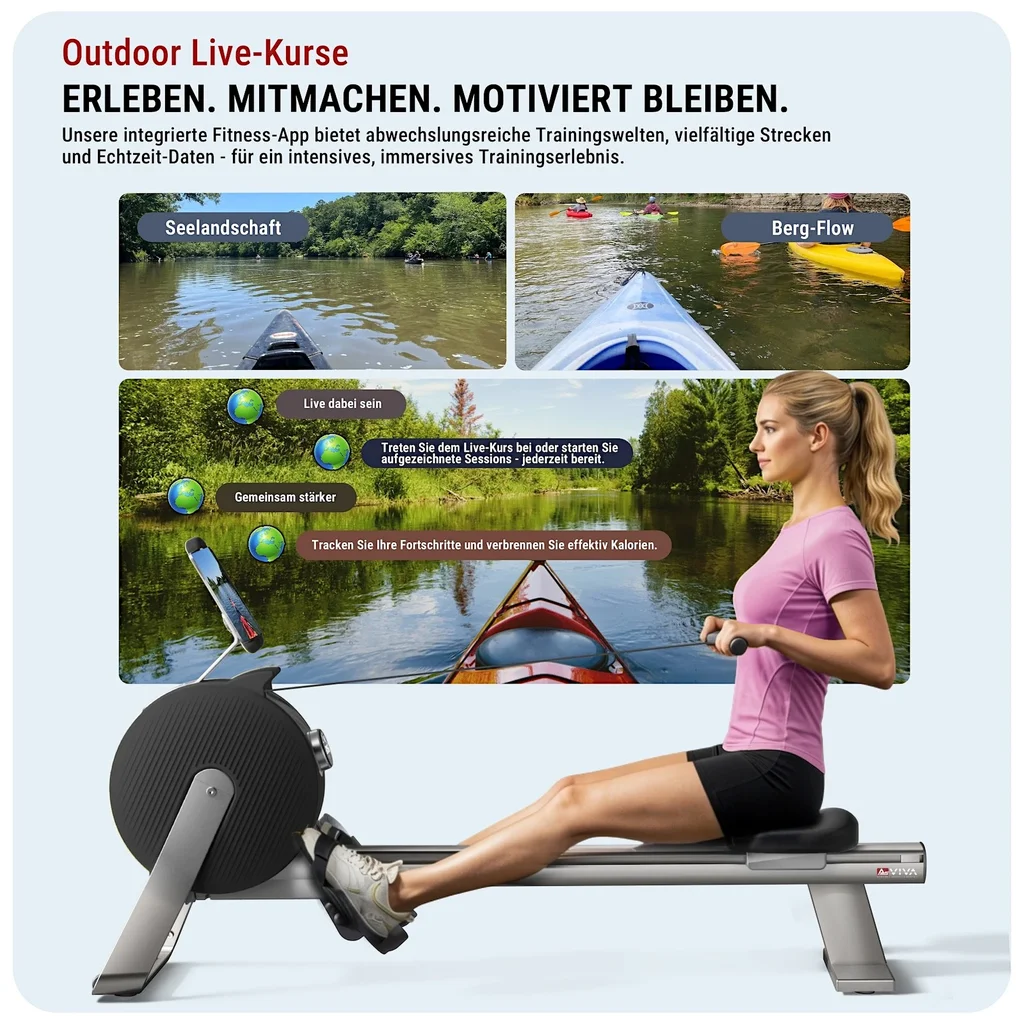 Interactive live classes on the AsVIVA rowing machine RA20 in black for guided training on the screen