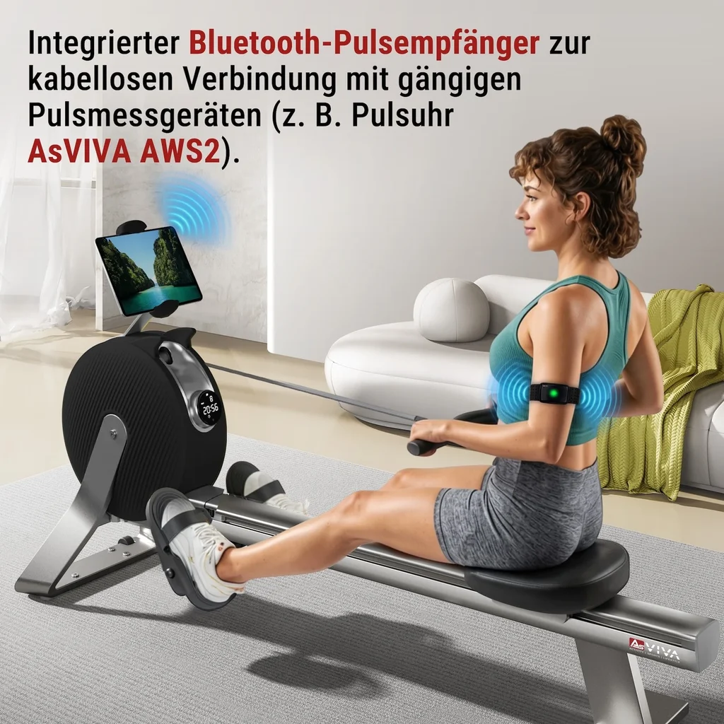 AsVIVA rowing machine RA20 in black with integrated Bluetooth pulse receiver