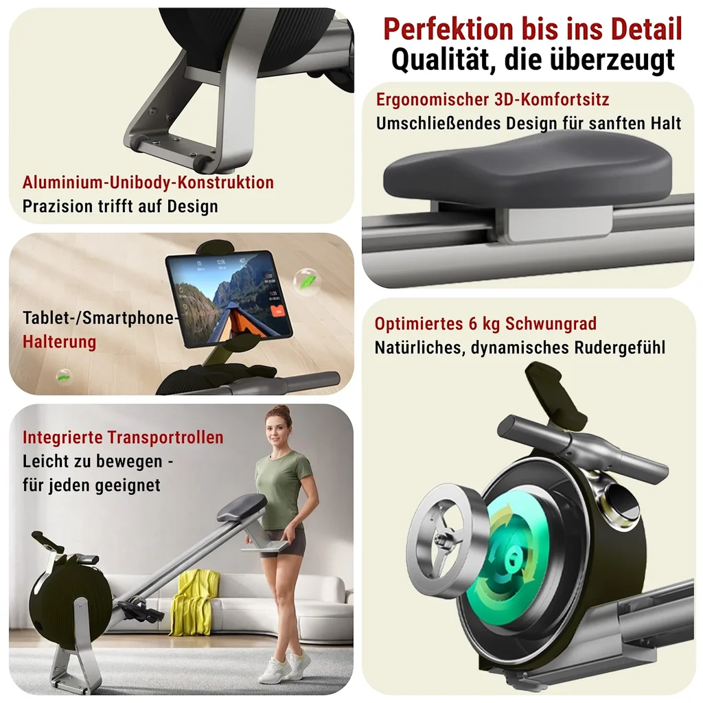 Equipment details of the AsVIVA rowing machine RA20 in black