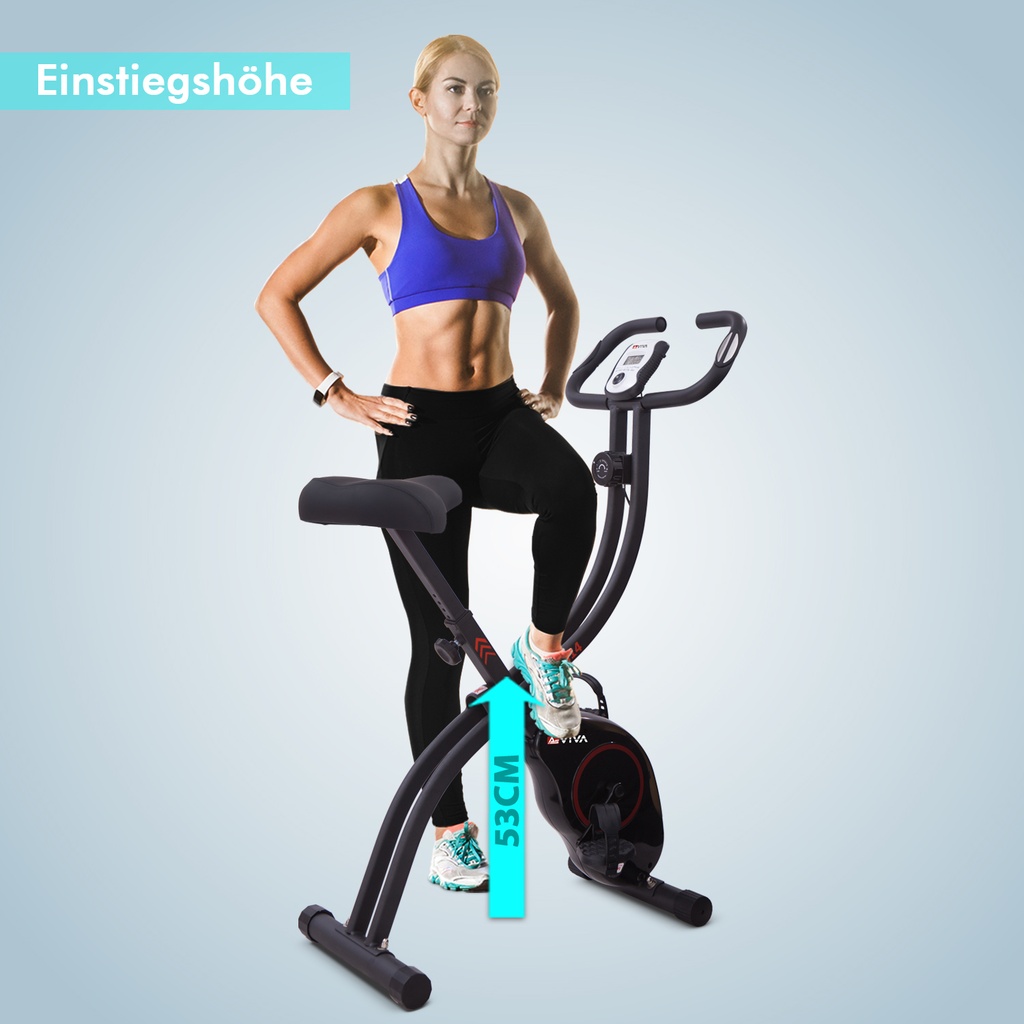 Low step-through height of the AsVIVA exercise bike H14 in black for comfortable and safe mounting