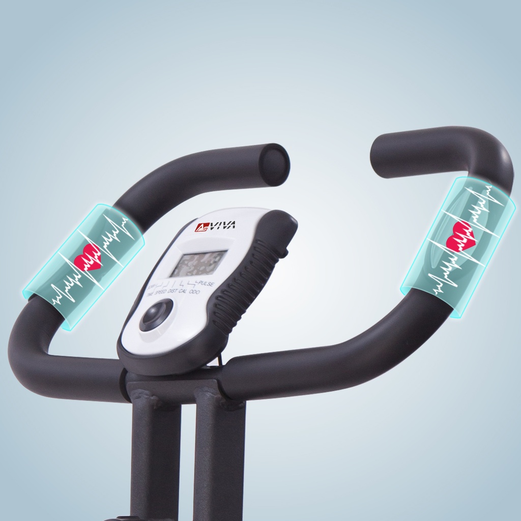 Hand pulse sensors on the handlebar of the AsVIVA exercise bike H14 in black for measuring heart rate during workouts