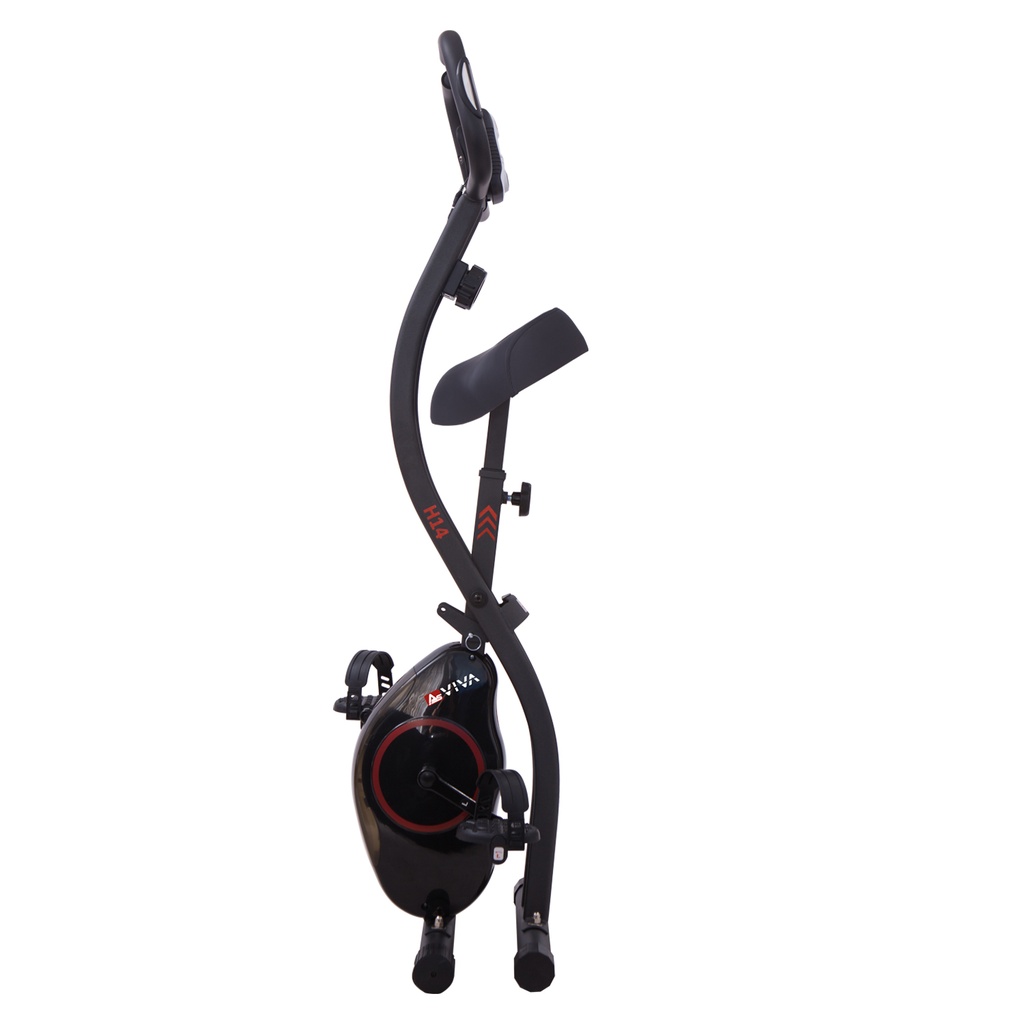 Space-savingly folded AsVIVA exercise bike H14 in black for easy storage