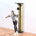 Complete overview of the AsVIVA MG7 home gym and cable station with workout bench and real wood paneling
