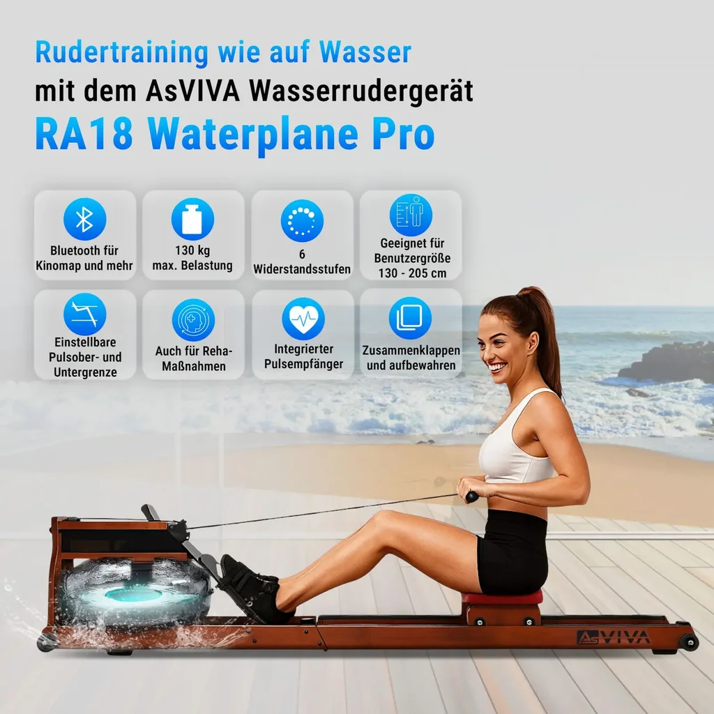 AsVIVA Water Rowing Machine RA18 Pro with WaterPlane water tank in overall view