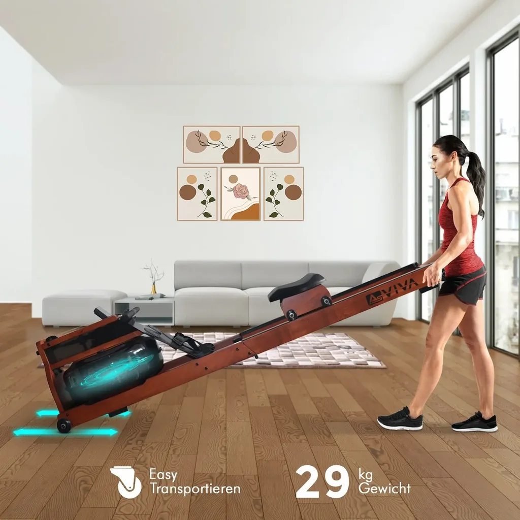 Space-saving upright storage of the AsVIVA Water Rowing Machine RA18 Pro for small rooms