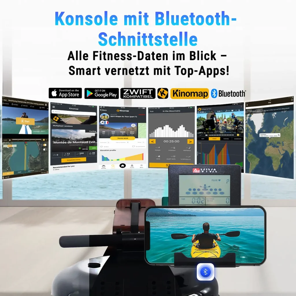 Tablet holder on the AsVIVA RA18 Pro for entertainment and workout apps while rowing