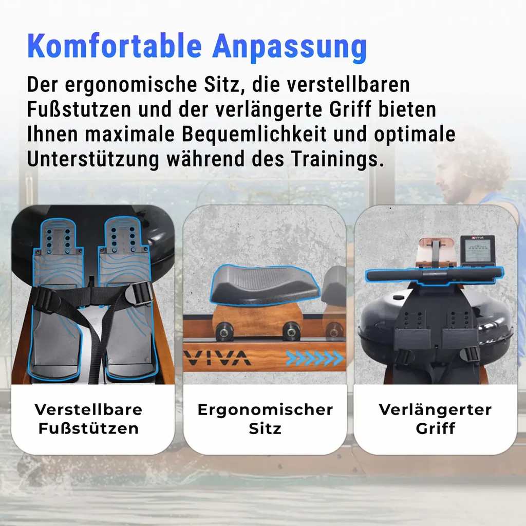 Comfortable ergonomic seat of the AsVIVA Water Rowing Machine RA18 Pro for long workouts