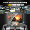 Large touch monitor showing workout data on the AsVIVA Smart T18 Pro treadmill