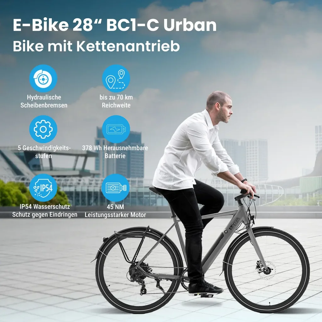 AsVIVA BC1C – 28-inch urban e-bike with chain drive, 70 km range and 250 W motor